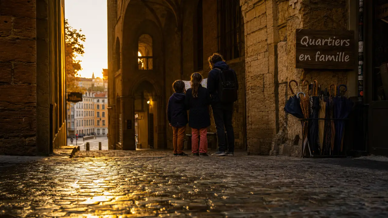 Blog famille Lyon : Vieux Lyon sous la pluie avec enfants et parapluies