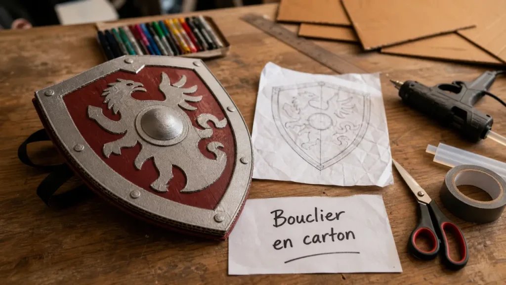 Bouclier en carton DIY avec blason personnalisé et sangle