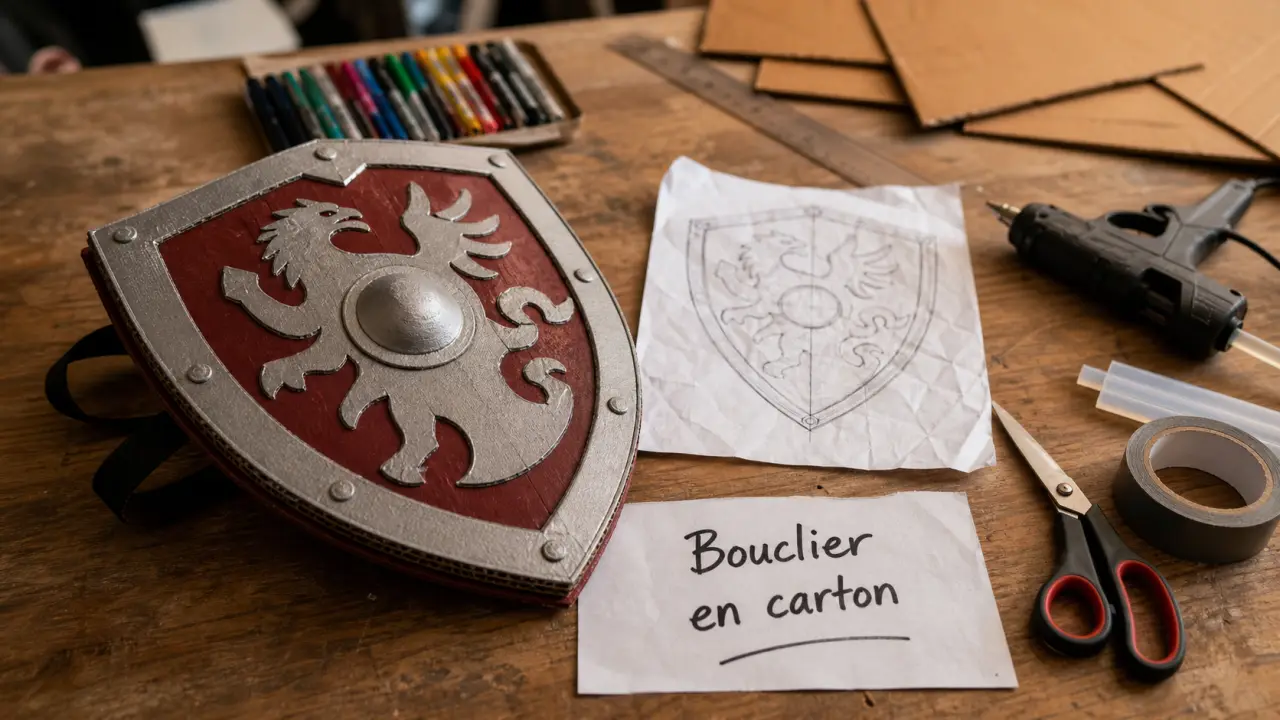 Bouclier en carton DIY avec blason personnalisé et sangle