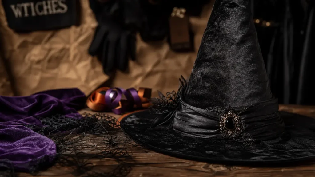 Chapeau de sorcière noir en velours sur table en bois sombre