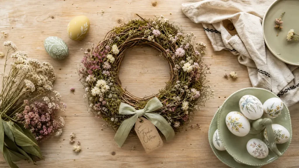 Couronne de paques artisanale sur table en bois avec œufs déco
