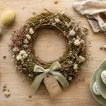 Couronne de paques artisanale sur table en bois avec œufs déco