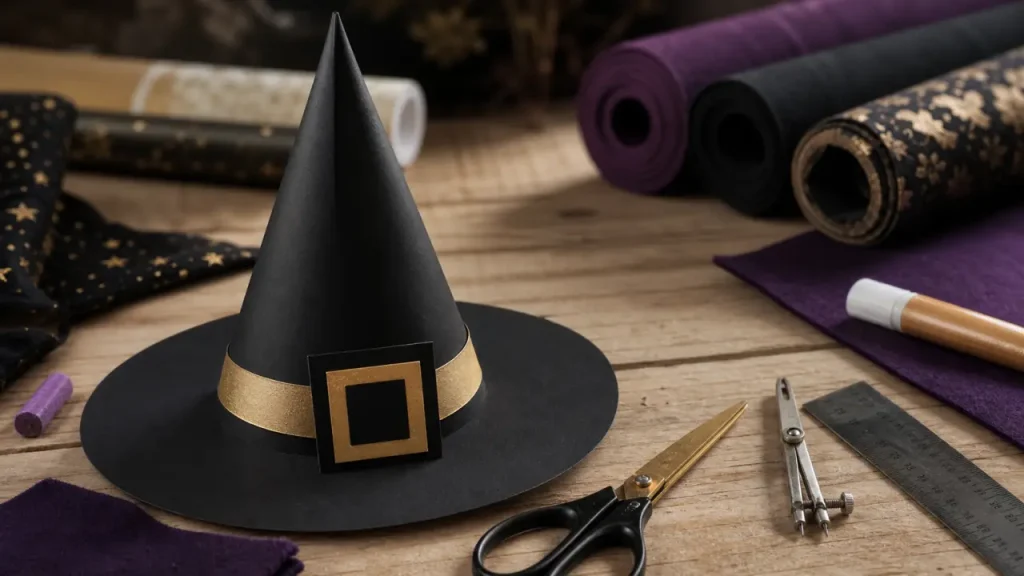 DIY chapeau sorciere noir en papier avec ruban doré
