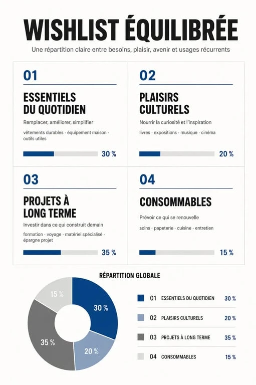 Exemple de structure pour une wishlist équilibrée : essentiels, plaisirs culturels, projets et consommables