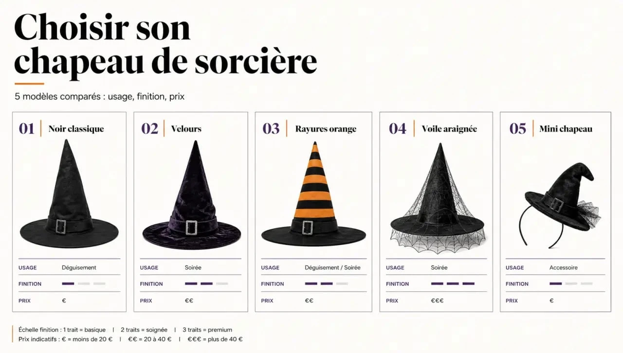 Chapeau de sorcière : comparaison de styles noir, velours, rayures et voile