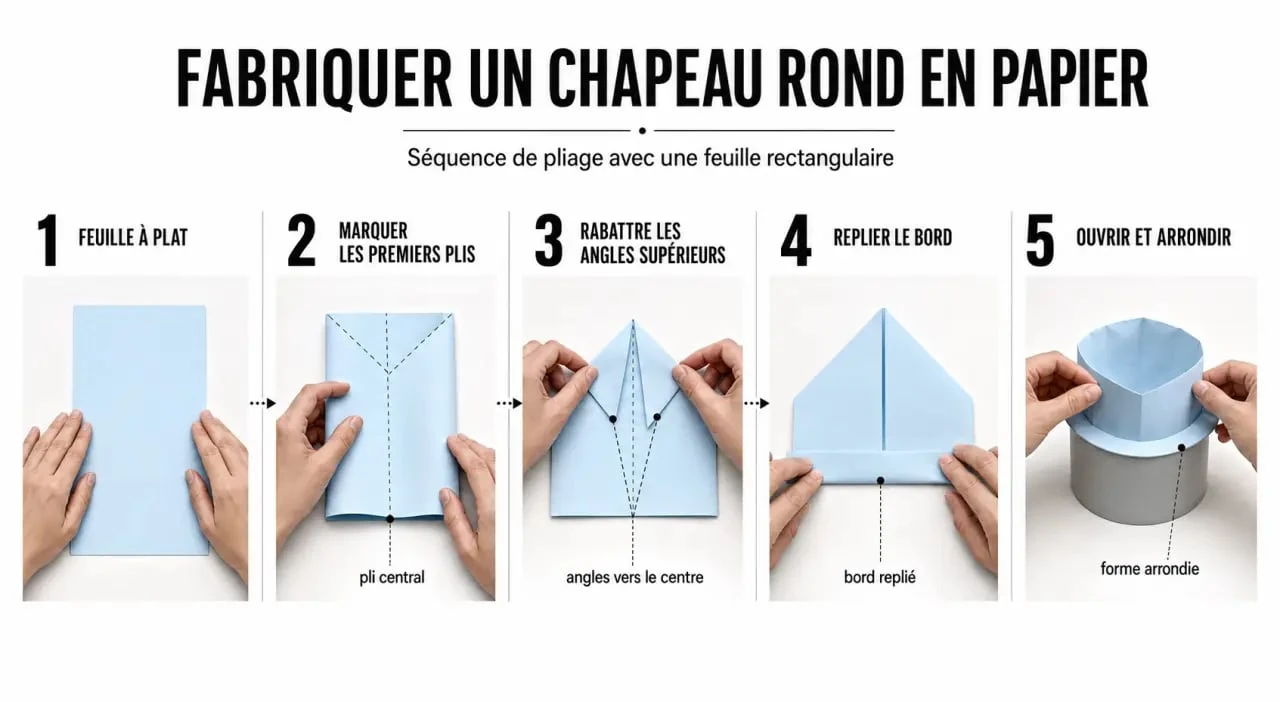 Comment faire un chapeau rond en papier : étapes de pliage d’une feuille rectangulaire