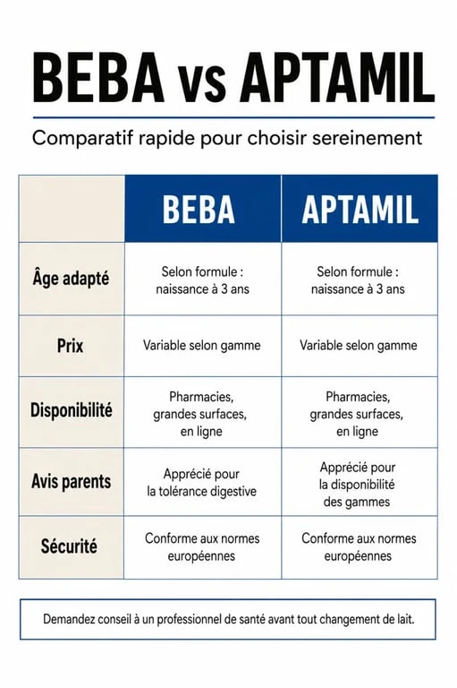 Comparatif lait beba ou aptamil avec critères d'âge, prix, disponibilité et sécurité