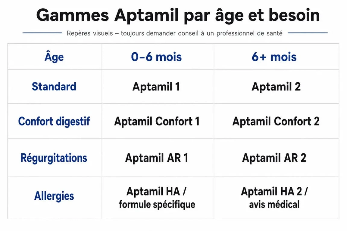 Infographie comparative des gammes de lait infantile Aptamil par âge et besoins spécifiques