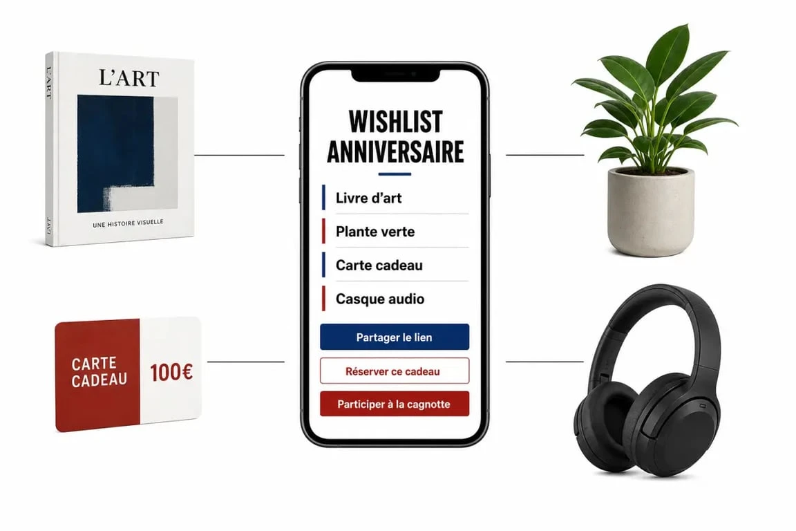 Illustration de wishlist anniversaire sur smartphone avec partage, réservation et cagnotte