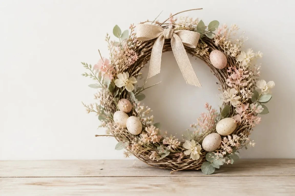 Couronne de Pâques décorative printanière avec fleurs et œufs sur table en bois