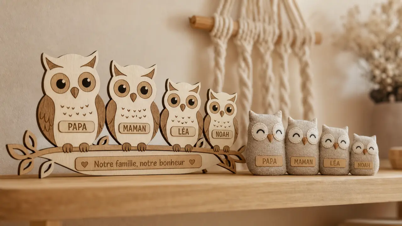 Famille chouette bois ou tissu, prénoms à vérifier