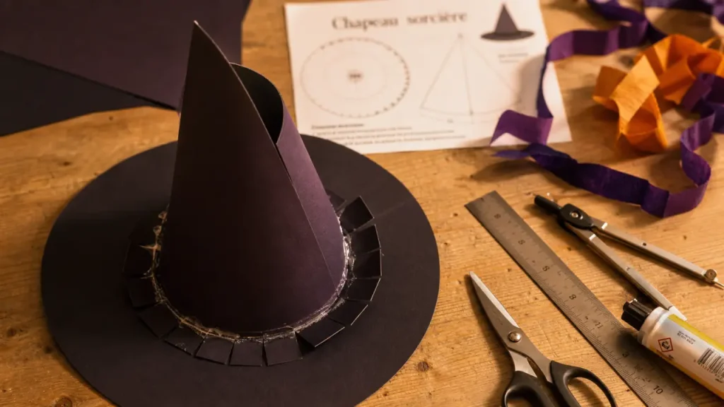Tuto chapeau de sorciere en papier : chapeau noir-violet en cône