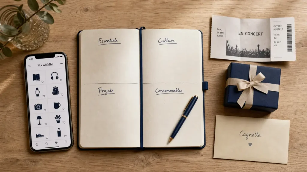 Wishlist exemple : liste de cadeaux sans doublons, carnet et idées