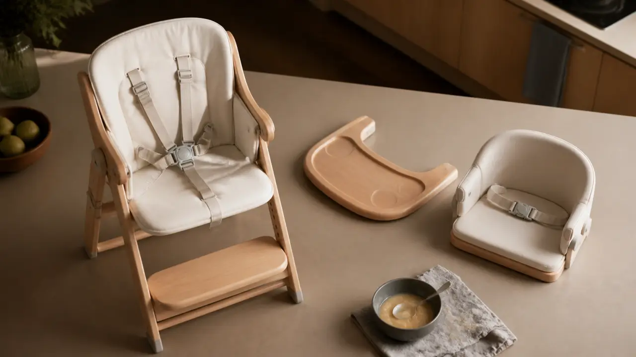 Chaise haute babymoov pliable en bois clair avec harnais 5 points et tablette