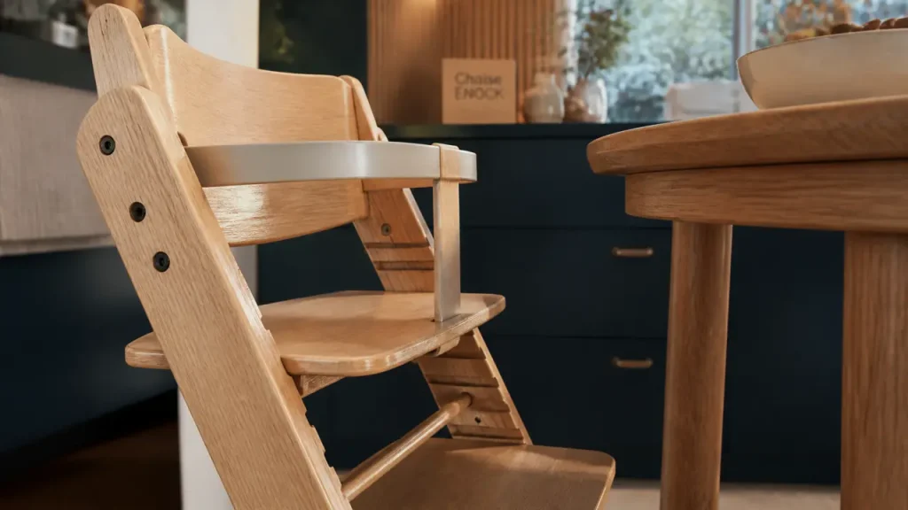 Chaise haute ENOCK : stable, évolutive et pratique, mais moins à l’aise pour les grands gabarits