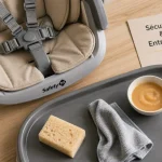 Chaise haute safety first : harnais 5 points, plateau et nettoyage