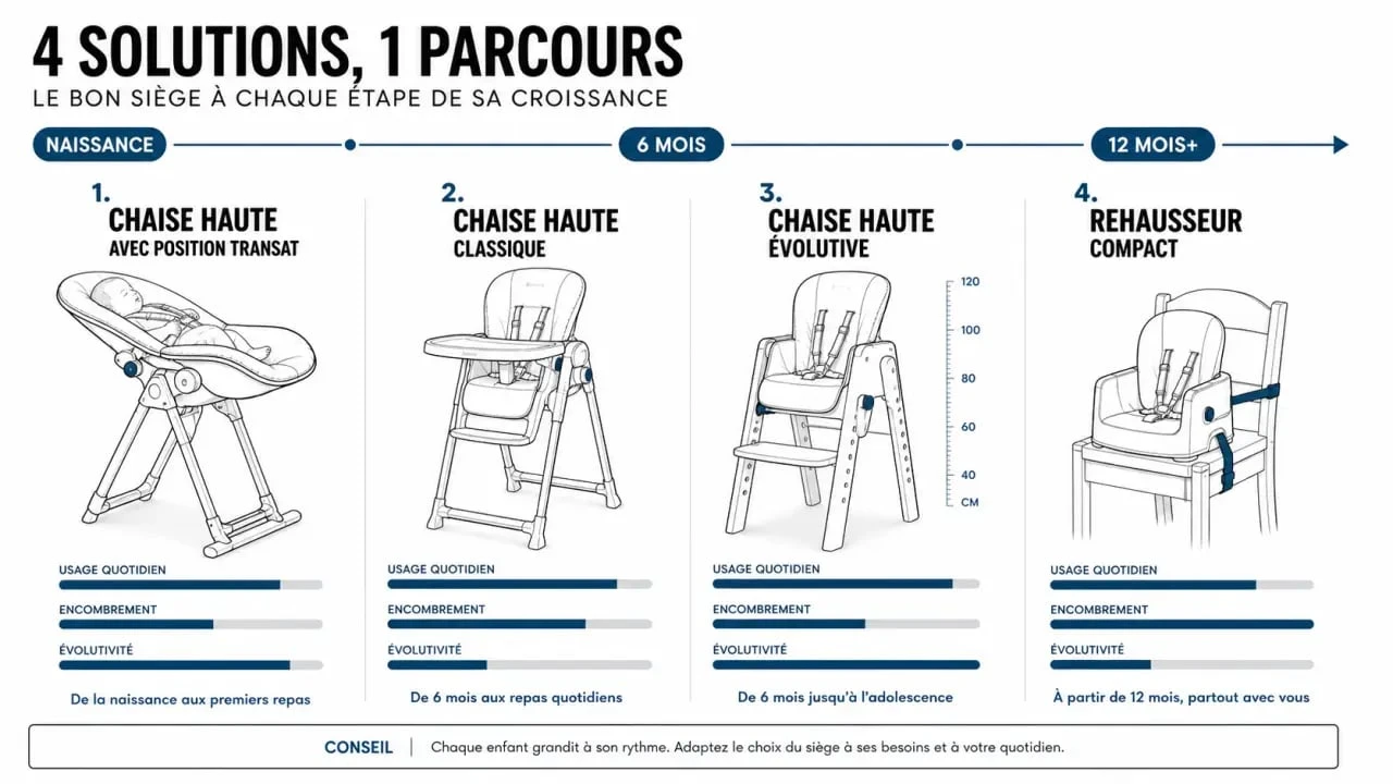 Chaise haute chico : comparaison visuelle des formats Chicco selon l’âge, l’encombrement et l’évolutivité