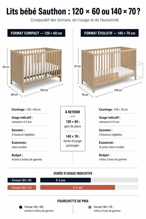 Comparatif lit bébé sauthon entre 120x60 et 140x70 avec sommier réglable et prix