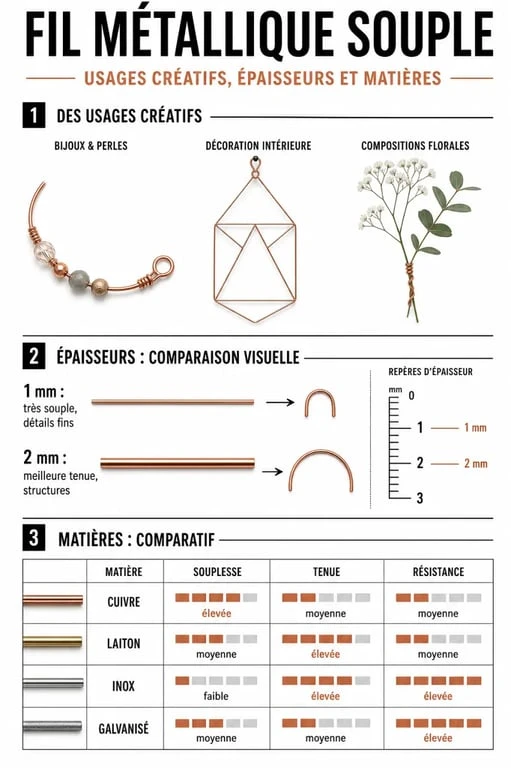 Fil de fer souple loisirs créatifs : comparaison visuelle des usages, des matières et des épaisseurs 1 mm et 2 mm