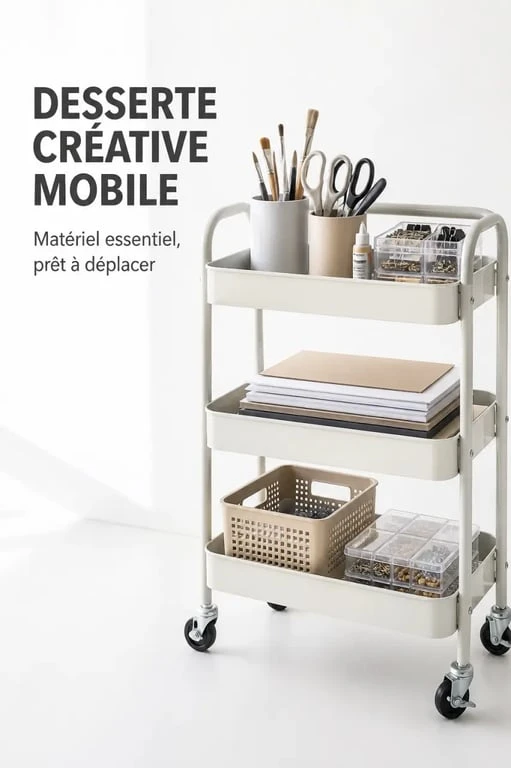 Rangement loisirs créatifs mobile sur desserte à roulettes