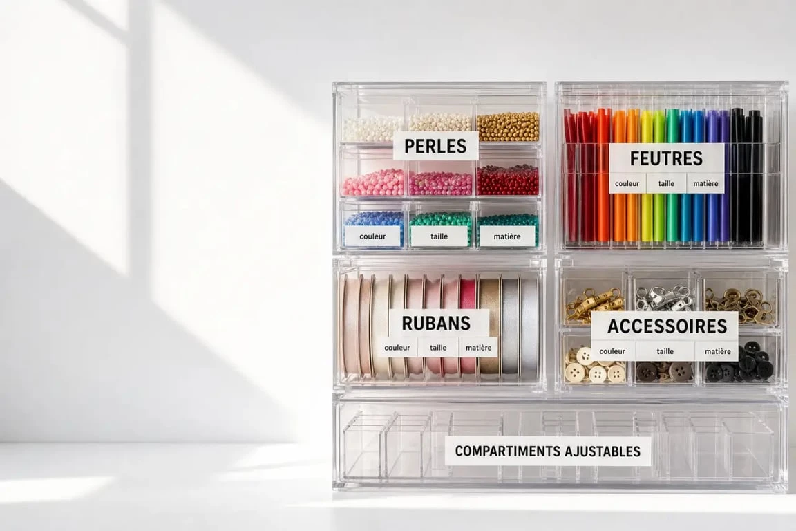 Rangement loisirs créatifs avec boîtes transparentes et compartiments