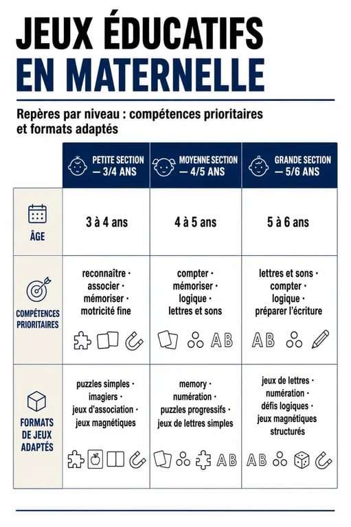 Infographie des jeux éducatifs pour maternelle par âge et par compétence