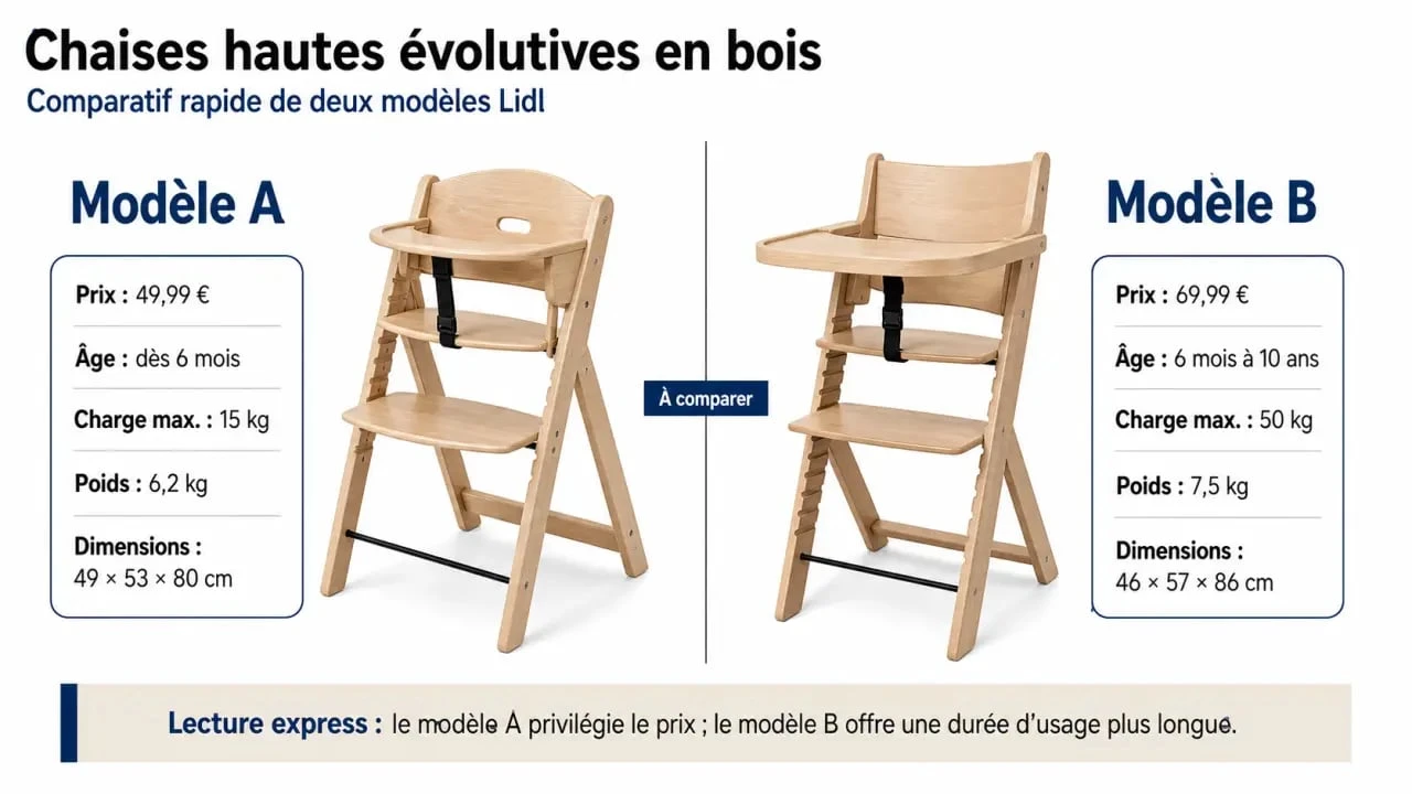 Comparatif chaise haute Lidl entre deux modèles évolutifs en bois avec prix, charge et dimensions