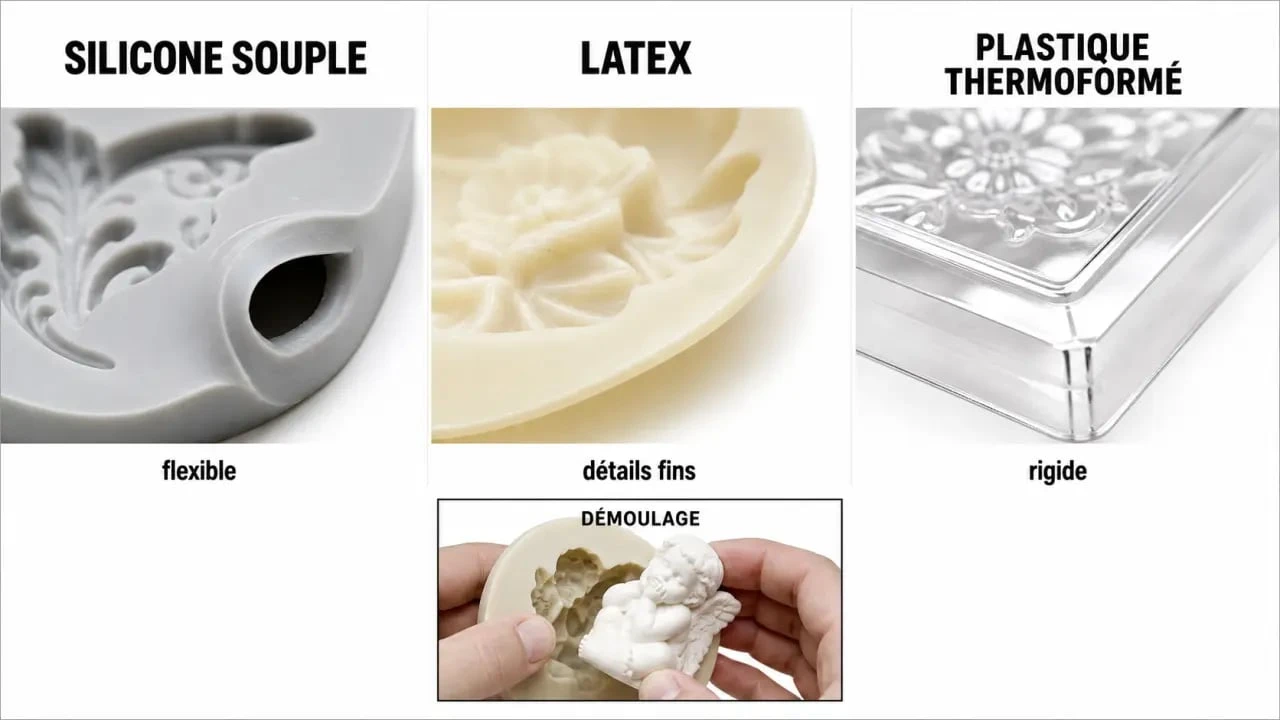 Moules pour plâtre loisirs créatifs : comparaison visuelle silicone, latex et plastique thermoformé