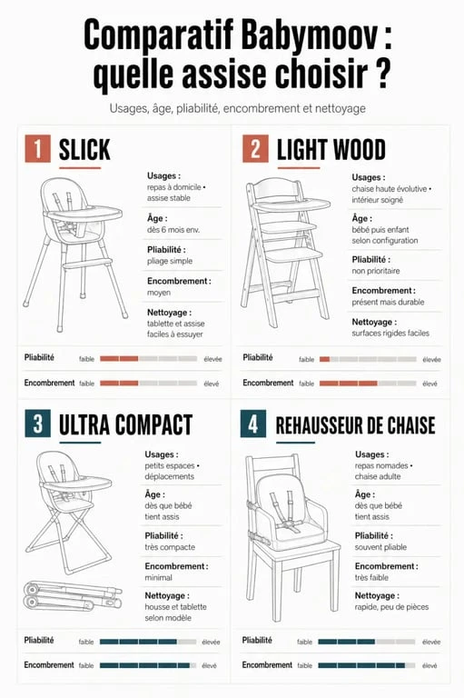 Infographie chaise haute babymoov comparant Slick, Light Wood, Ultra Compact et rehausseur selon l’usage et l’encombrement