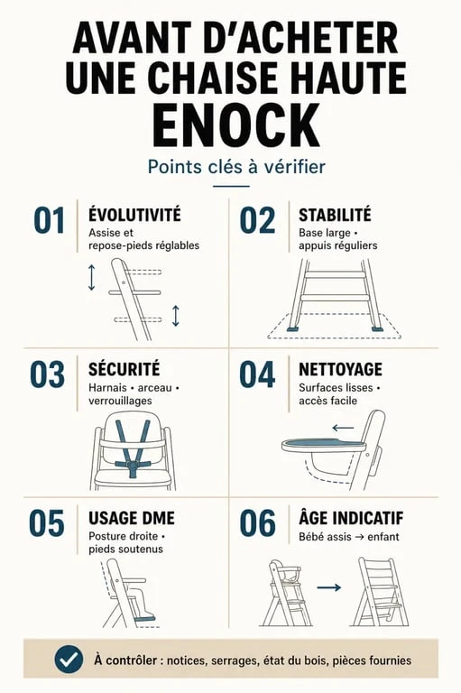 Points clés de la chaise haute ENOCK : évolutivité, sécurité, nettoyage et usage au quotidien