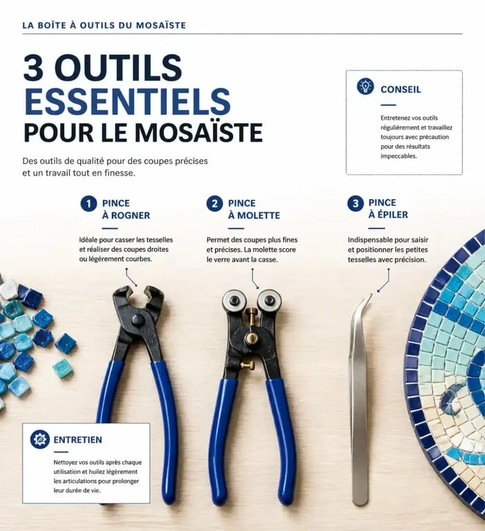 Outils indispensables pour la mosaïque loisirs créatifs : pinces à gruger et à molettes