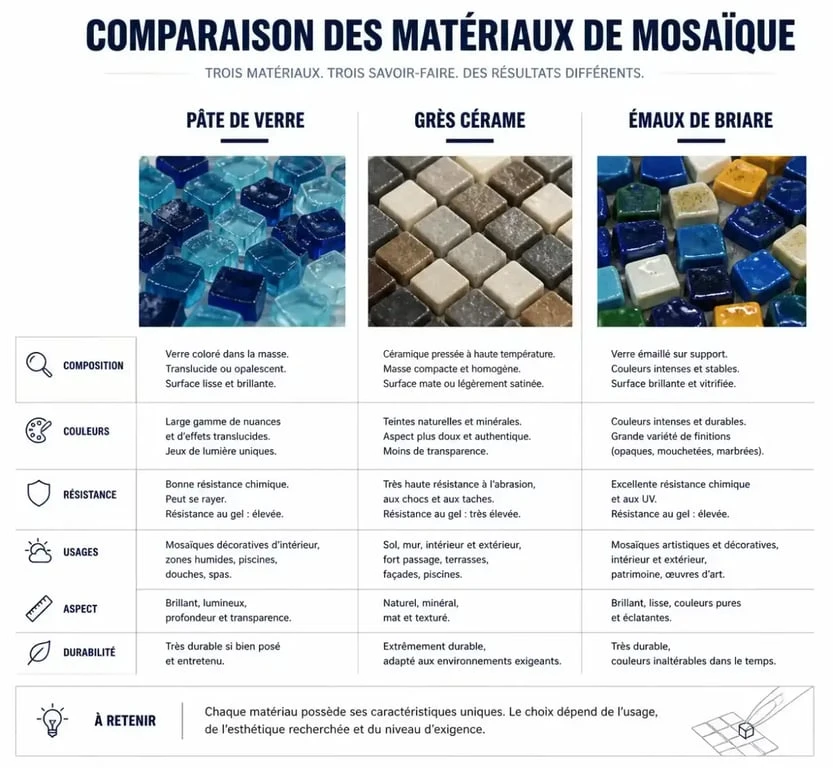 Comparatif des matériaux pour mosaïque loisirs créatifs : émaux, grès et pâte de verre