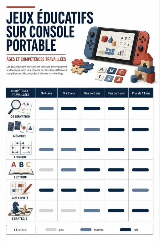 Infographie sur les jeux éducatifs Switch par âge et compétences