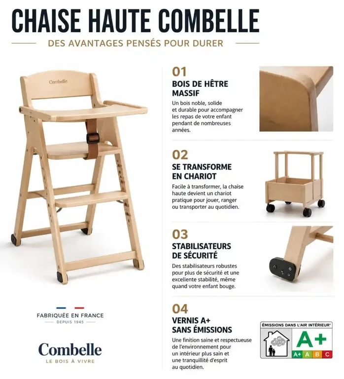 Infographie des avantages de la chaise haute Combelle en bois massif