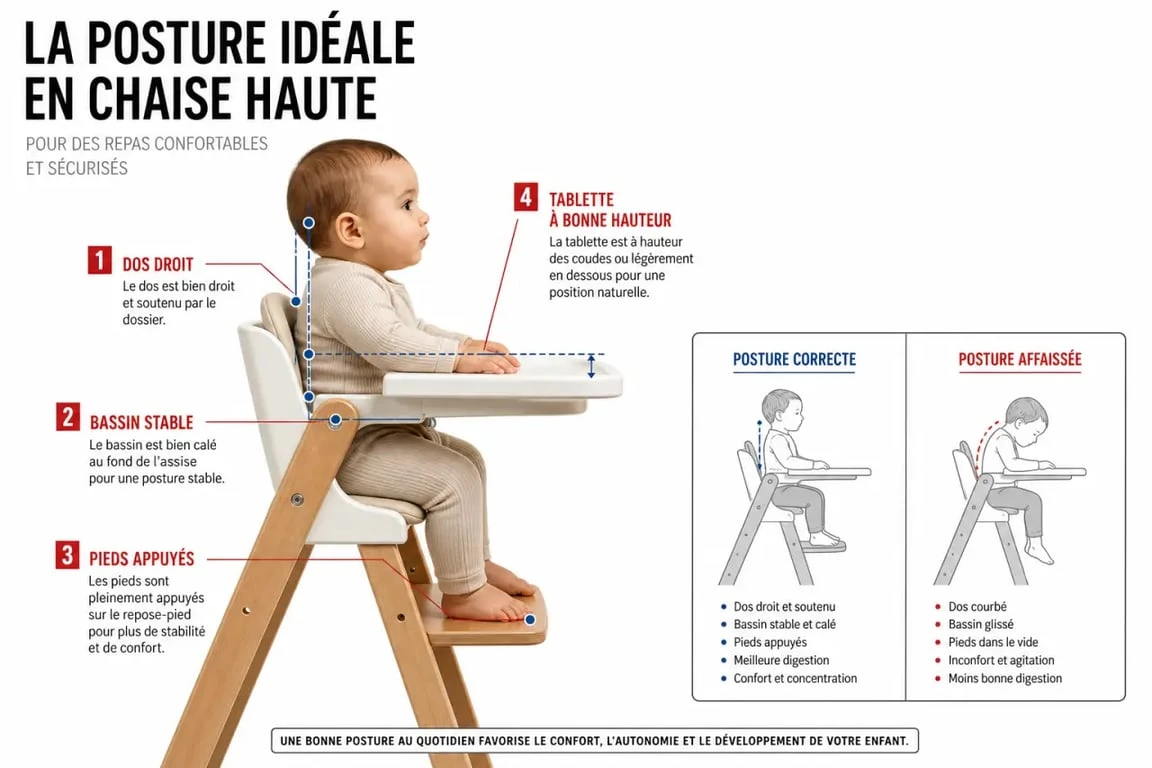 Chaise haute dme illustrant la bonne posture avec dos droit, pieds appuyés et tablette à la bonne hauteur