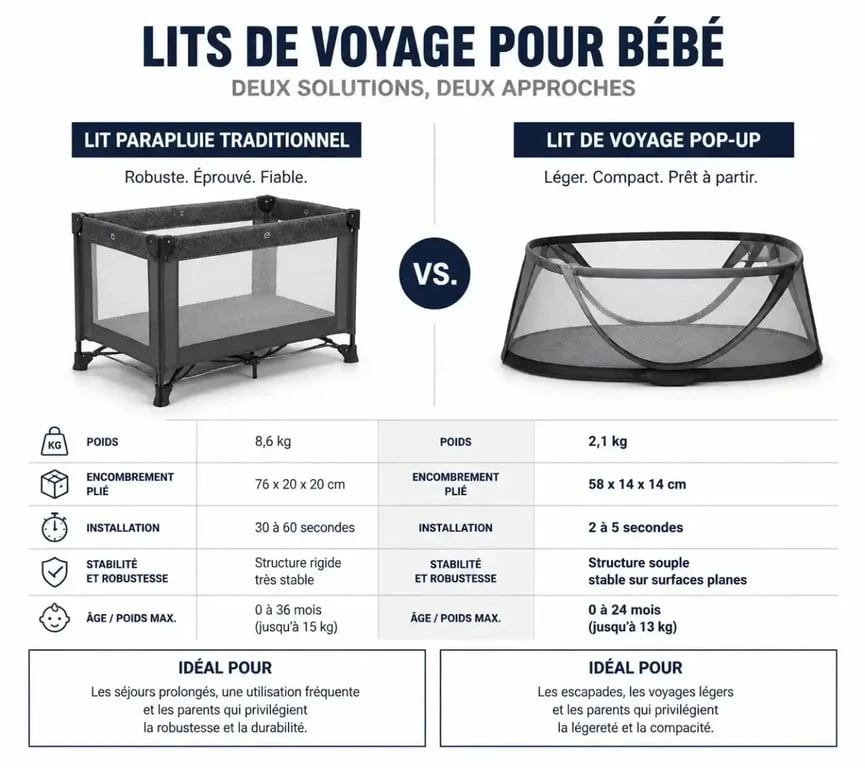 Comparaison visuelle entre un lit parapluie robuste et un lit de voyage bébé pop-up léger pour choisir son équipement.