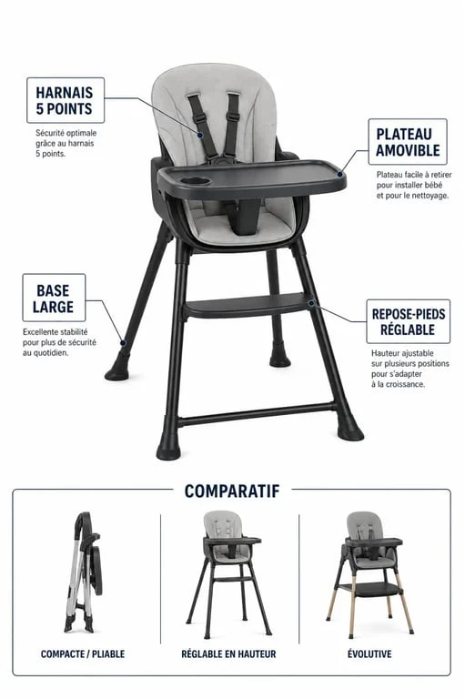 Chaise haute safety first montrant les critères de sécurité, stabilité et entretien