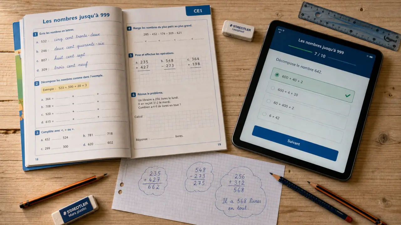 Jeux éducatifs CE1 : exercices maths et français sur cahier et tablette