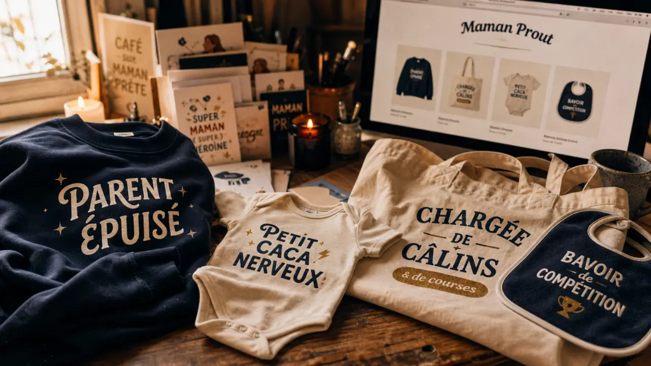 maman prout : produits imprimés sur table d’atelier parisien
