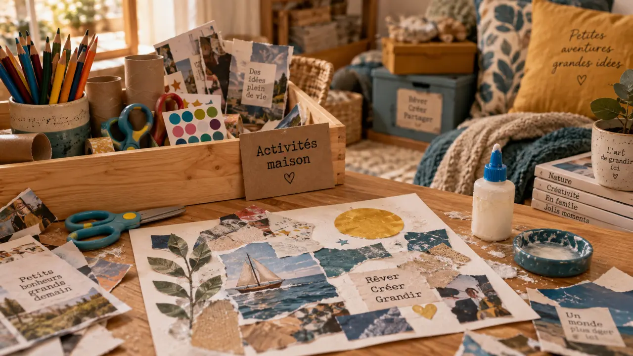 Activités enfants à la maison : collage sans écran, matériel créatif sur table