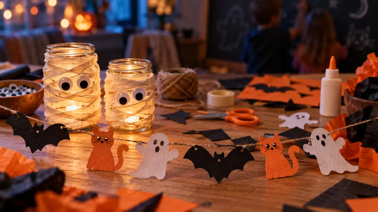 Activités halloween enfants : guirlande chauves-souris et bocaux momies