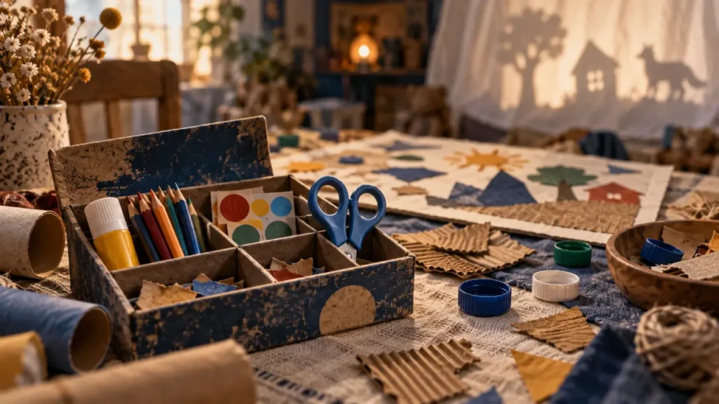Activités manuelles enfants : boîte de collage avec colle, ciseaux et crayons sur table
