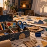 Activités manuelles enfants : boîte de collage avec colle, ciseaux et crayons sur table