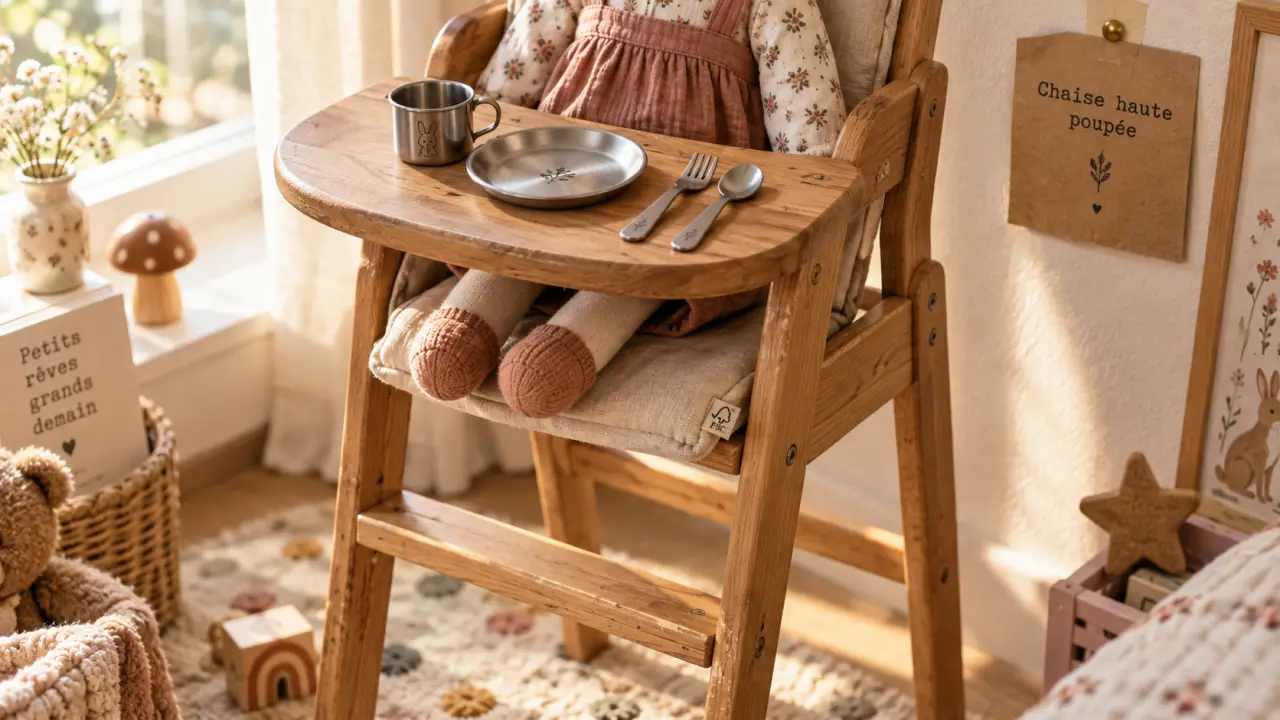 Chaise haute poupées en bois FSC, coussin beige déhoussable près de la fenêtre