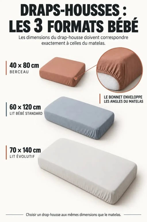 Drap housse lit bébé : infographie des tailles 40 x 80, 60 x 120 et 70 x 140 cm