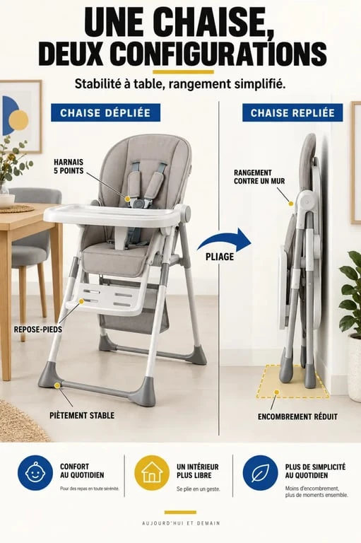 Chaise haute pliable dépliée et repliée avec visualisation de l’encombrement et des critères de sécurité