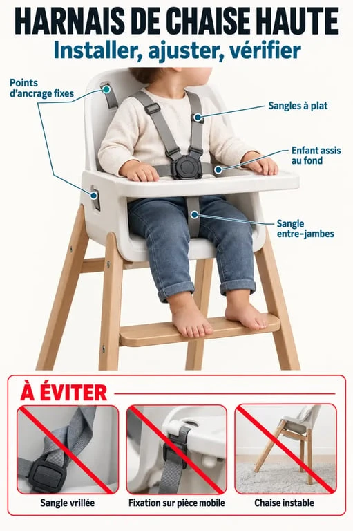 Installation correcte d’un harnais chaise haute avec points d’ancrage et réglage des sangles