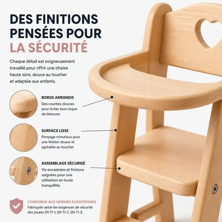 Détails de sécurité et finitions d'une chaise haute pour poupées