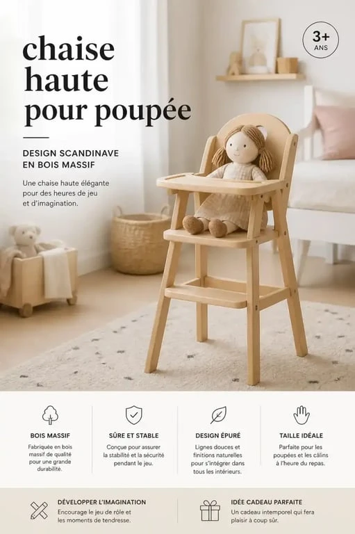 Chaise haute poupées en bois design dans une chambre d'enfant