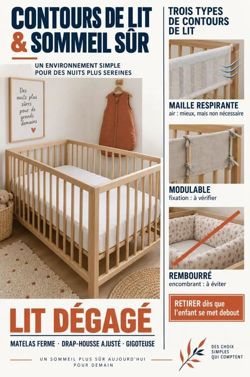 Infographie sur le contour de lit de bébé, les modèles respirants et les précautions de sécurité